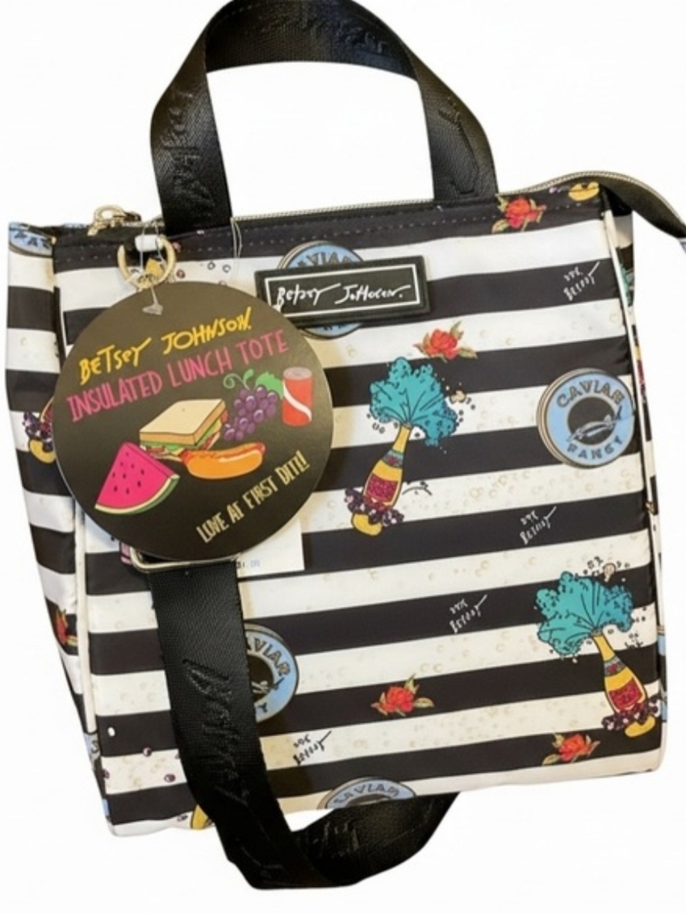Betsey Johnson Black and White Striped Lunch Tote Bubbly And Caviar BNWT TA Rtth
